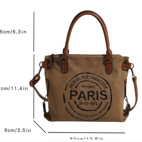 PARIS STAMPED Retro Vintage Canvas Large Tote Bag Purse W/Strap Khaki - Picture 3 of 10